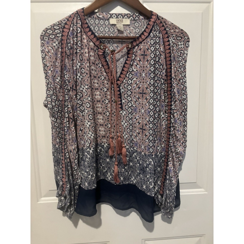 Vintage America Blues Top Women Plus 1X Geometric Split Neck Tasseled Tunic